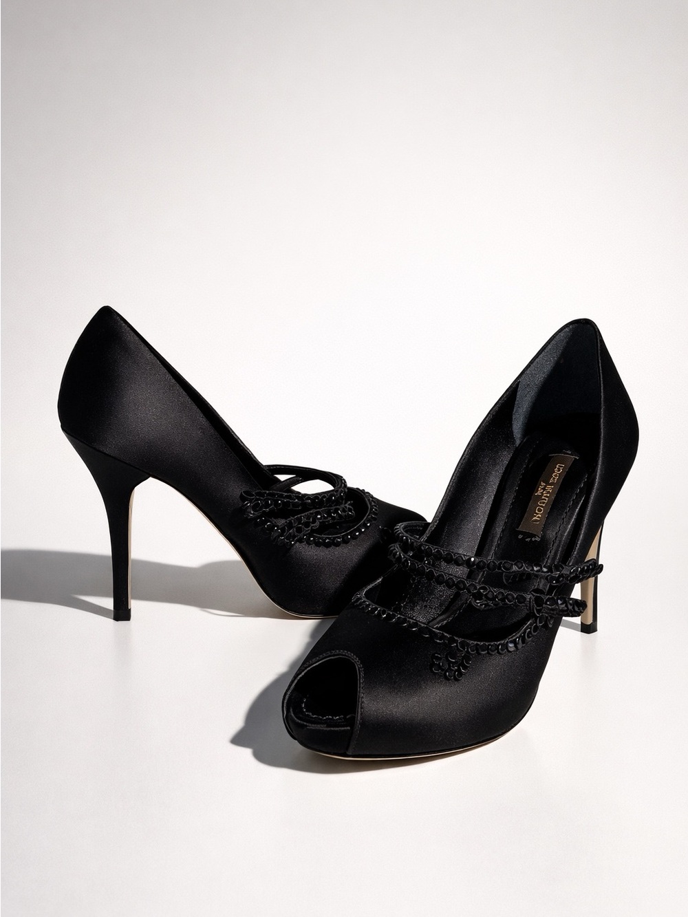 Louis Vuitton Black Satin Peep-Toe Heels with Crystal Embellished Straps